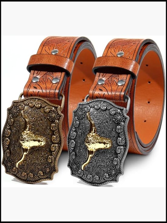 2-Pack Western Cowboy Belts PU Leather Gold Silver Buckle 28-41 Inch main image 4